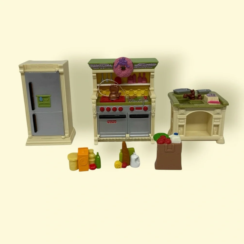 Fisher Price Loving Family Dollhouse Kitchen Sink Island-Refrigerator Food Lot
